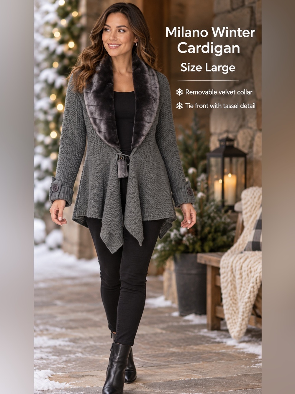 Milano Winter Cardigan - Gray with Removable Velvet Collar - Large